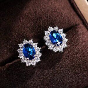 18k White Gold Blue Sapphire Diamond Earrings Oval Cut Earrings